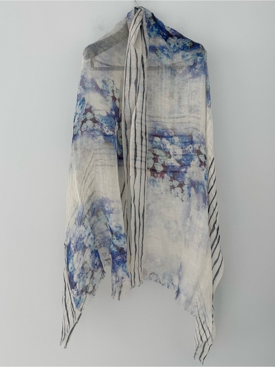 pashma Accessories - PASHMA Luxury Scarf Blue Floral Print - Silk Cashmere Linen Blend Size 70x30